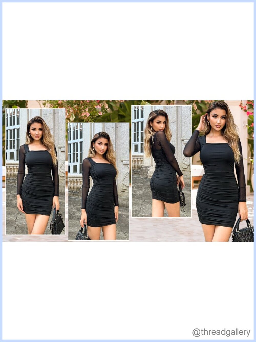 Women Mesh Long Sleeve Square Neck Ruched Bodycon Mini Dress - Picture 6 of 6